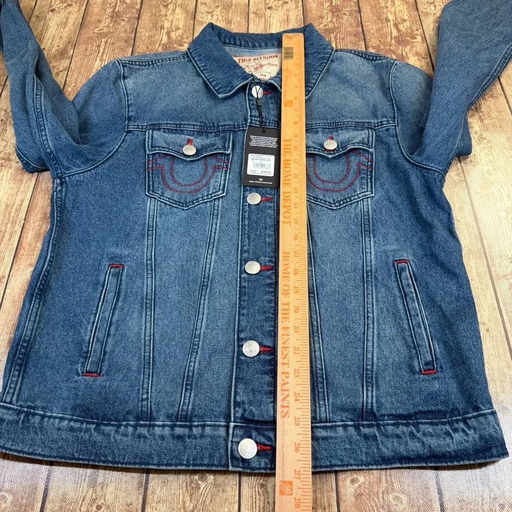 True Religion 701133 Denim Jacket Mens Large Blue Red Stitching Trucker NWT